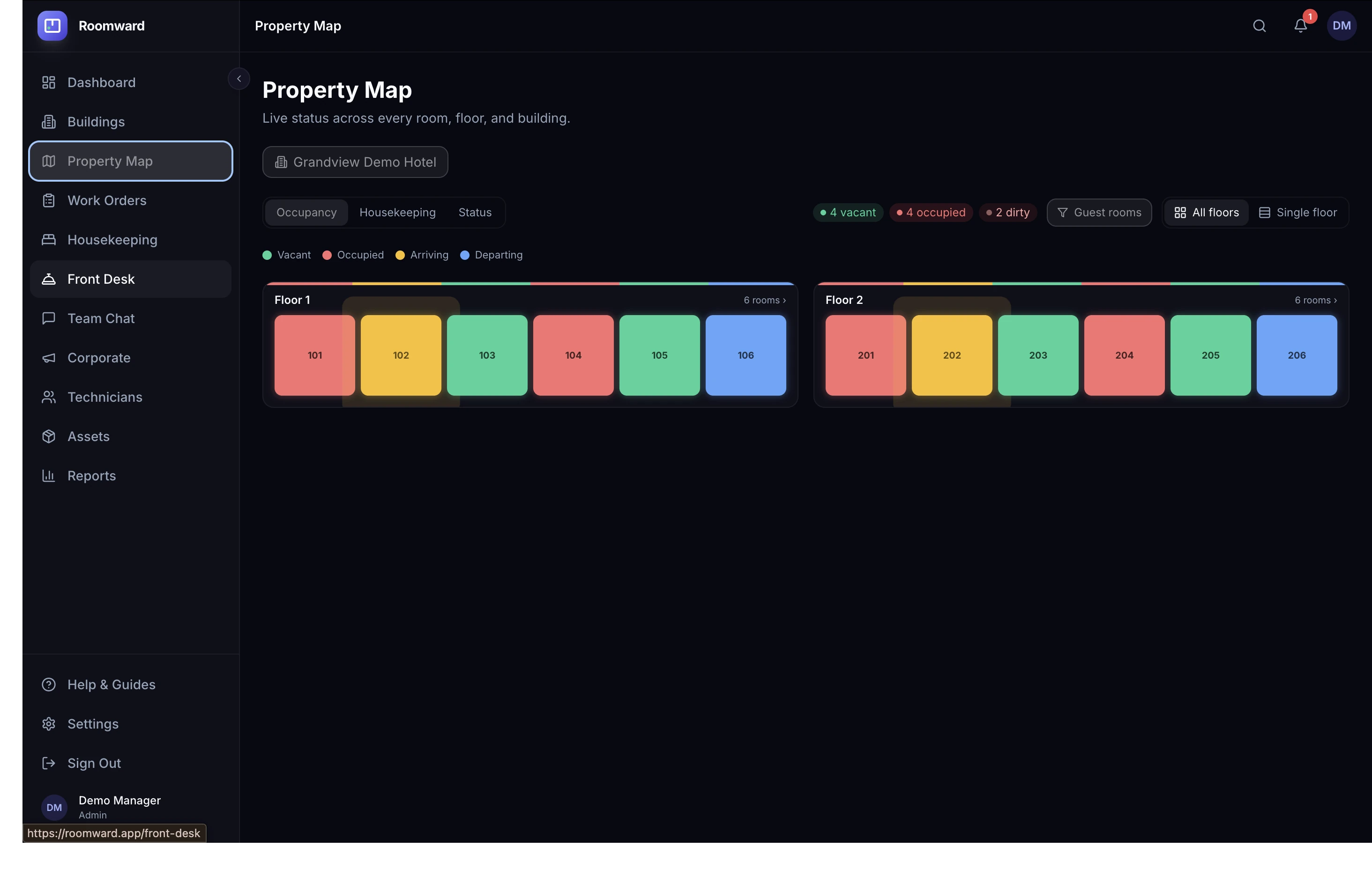 Roomward hotel property map showing color-coded room status across four floors