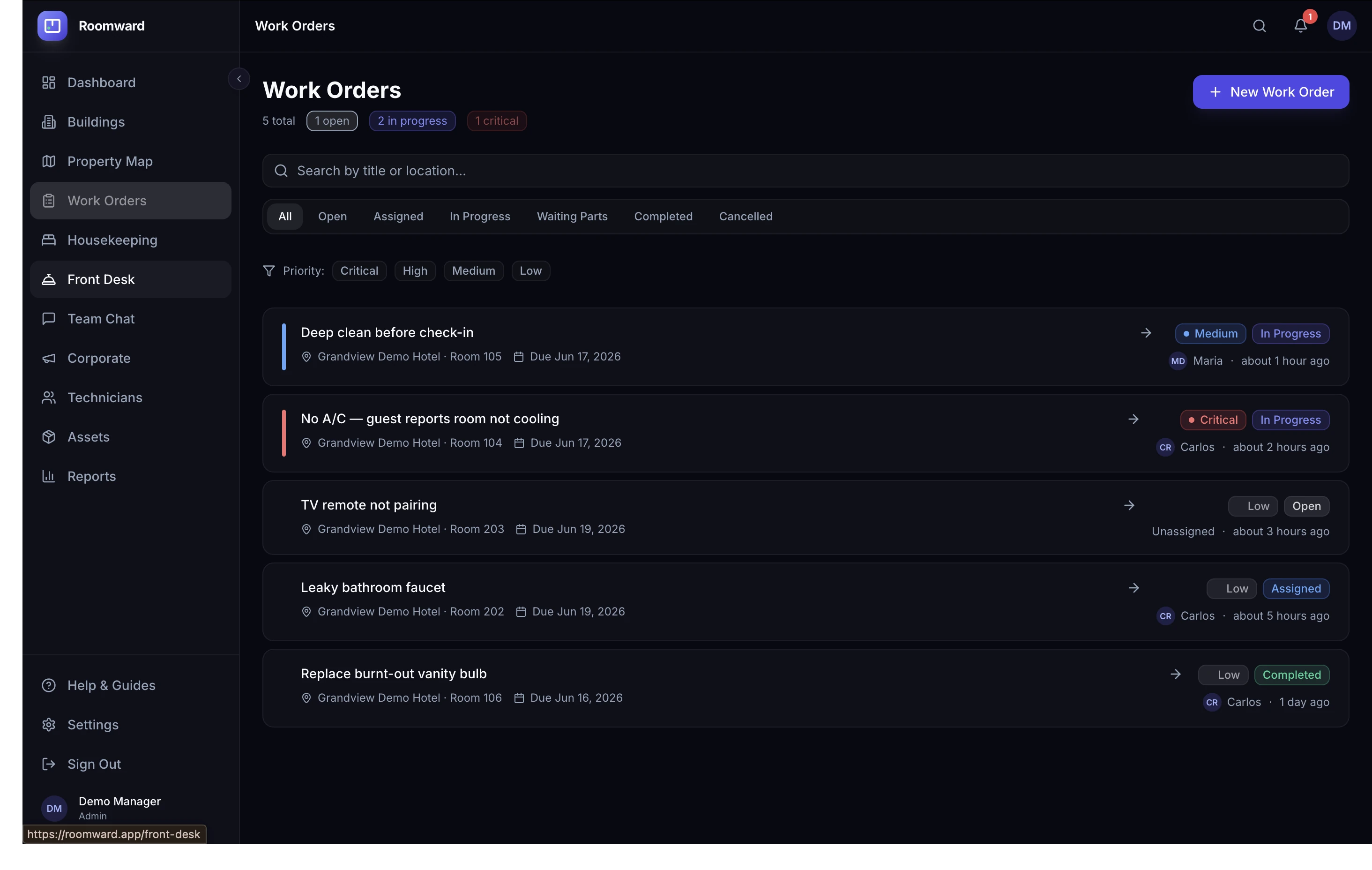 Hotel work order software list showing priorities, assignees, and statuses
