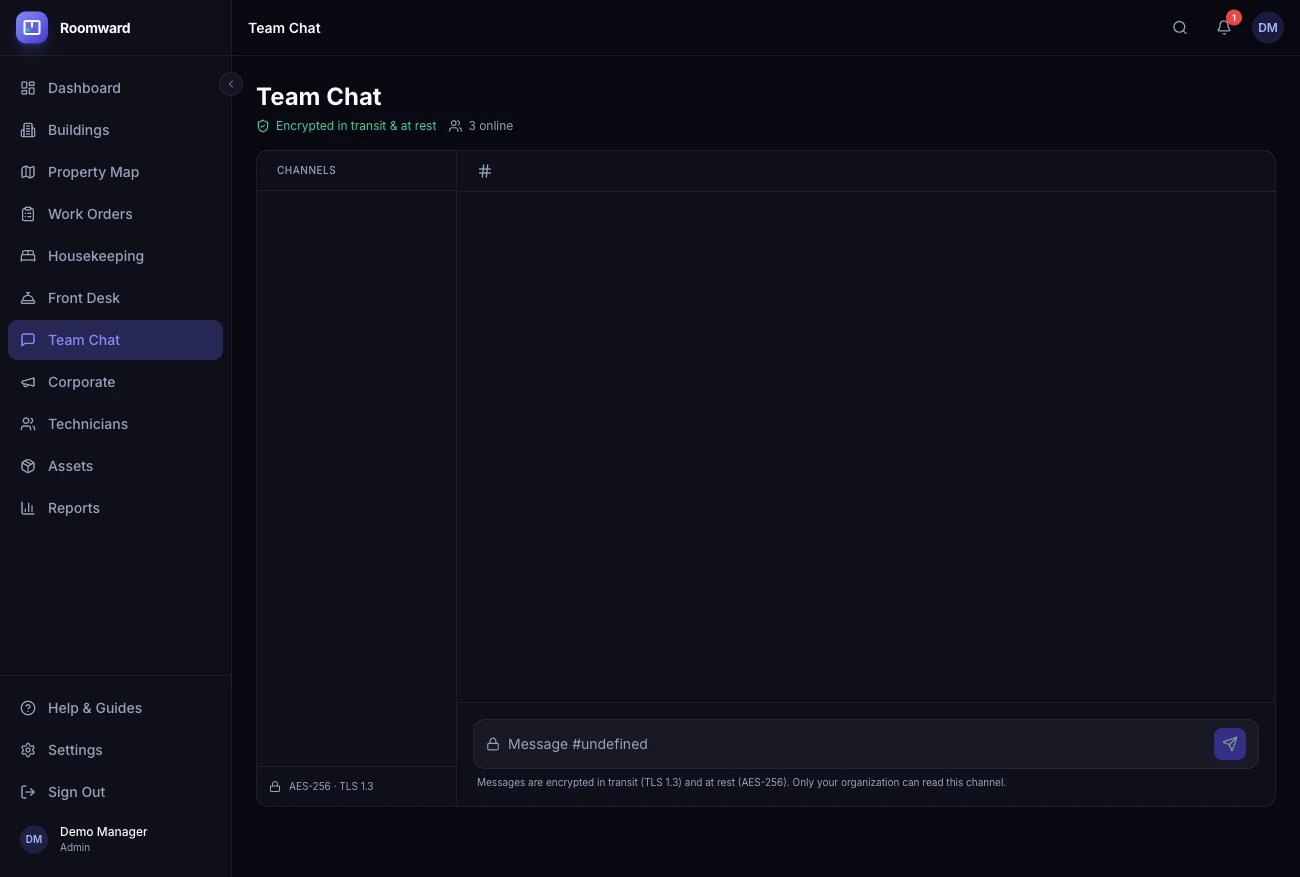 Roomward team chat maintenance channel with encrypted messaging